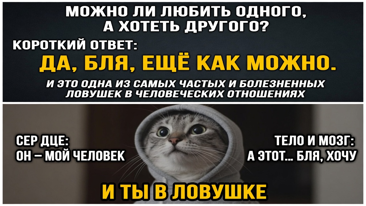 «Можно ли любить одного, а хотеть другого». Короткий ответ: да, бля, ещё как можно. И это одна из самых частых и болезненных ловушек в человеческих отношениях