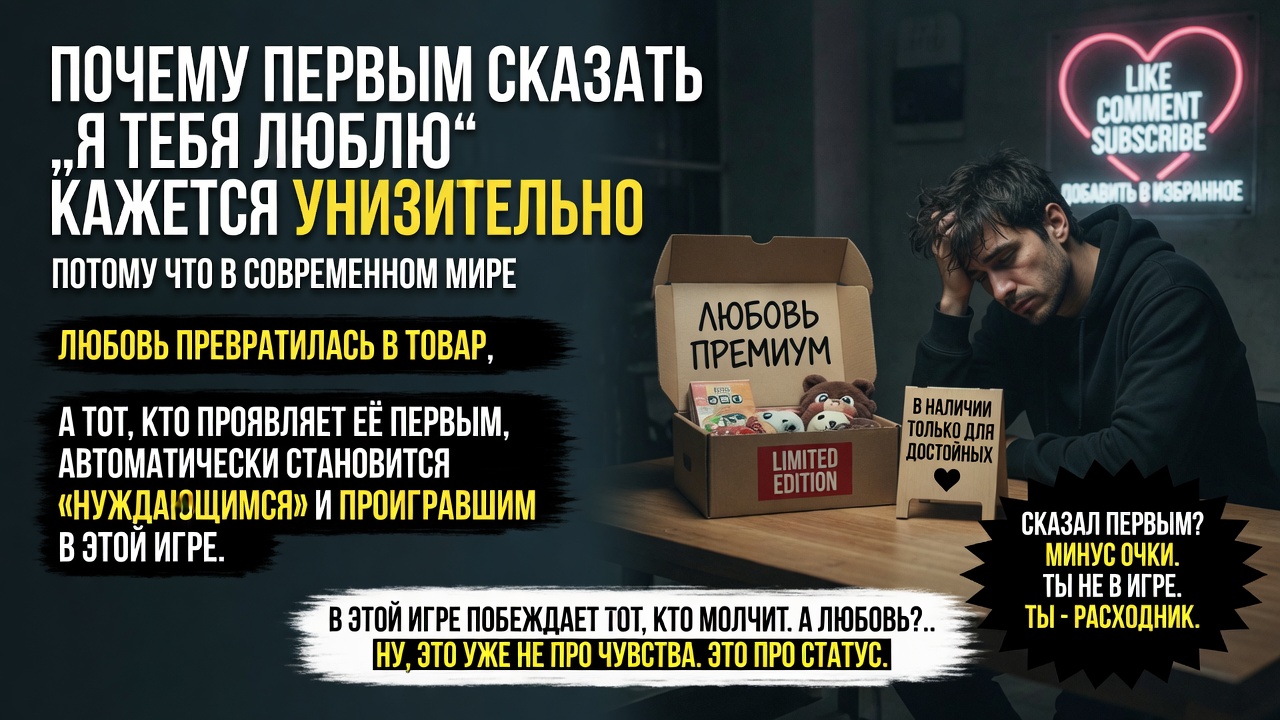 «Почему первым сказать „Я тебя люблю“ кажется унизительно». Потому что в современном мире любовь превратилась в товар, а тот, кто проявляет её первым, автоматически становится «нуждающимся» и проигравшим в этой еПаной игре.