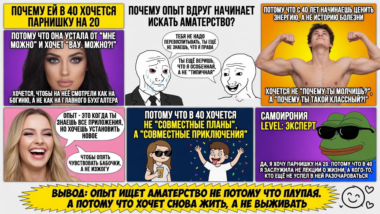 Почему ей в 40 хочется парнишку на 20. Почему опыт вдруг начинает искать аматорство?