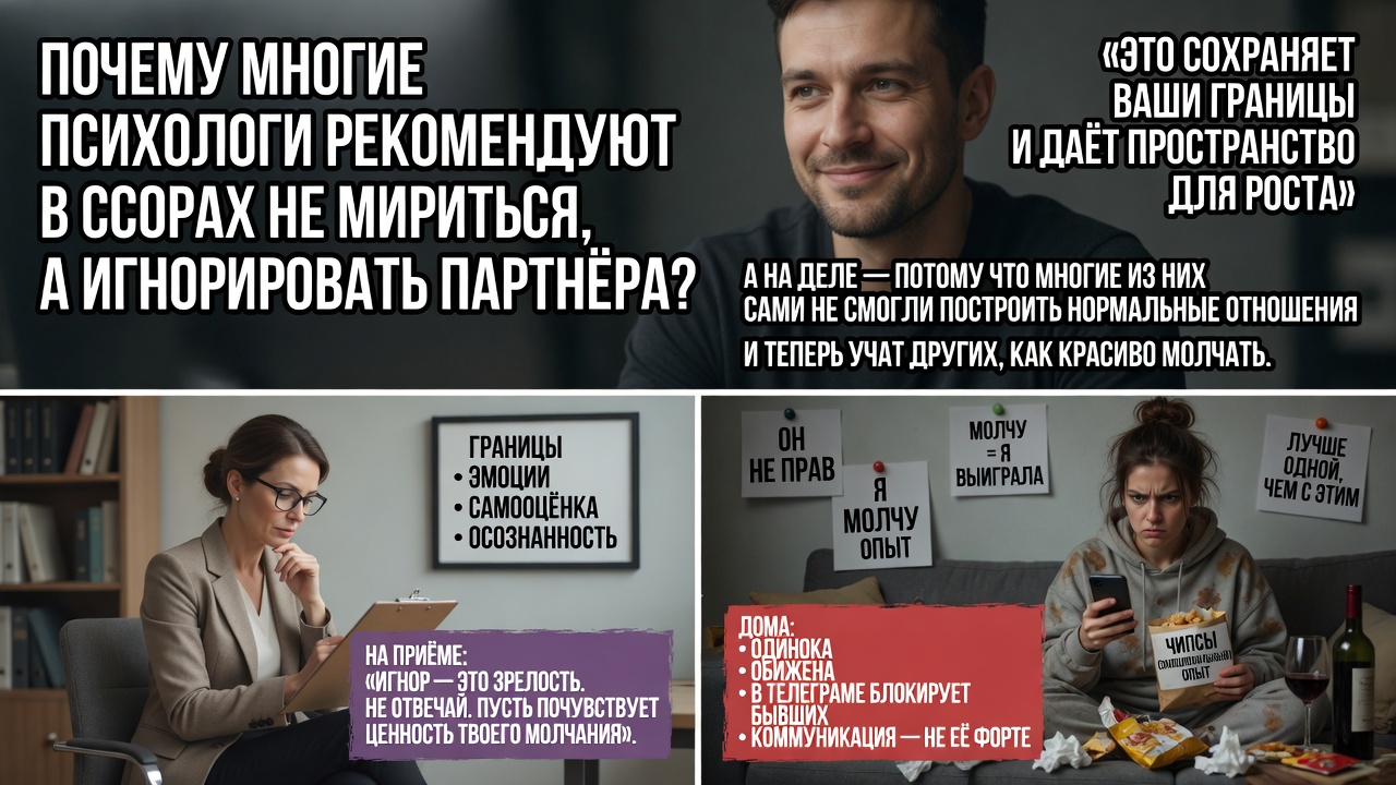 «Почему многие психологи рекомендуют в ссорах не мириться, а игнорировать партнёра». А на деле — потому что многие из них сами не смогли построить нормальные отношения и теперь учат других, как красиво молчать.