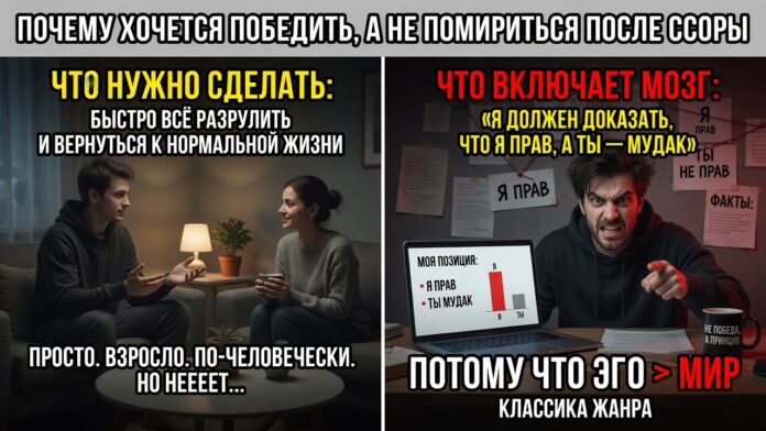 «Почему хочется победить, а не помириться после ссоры». Классика: вместо того чтобы быстро всё разрулить и вернуться к нормальной жизни, мозг включает режим «я должен доказать, что я прав, а ты — мудак»