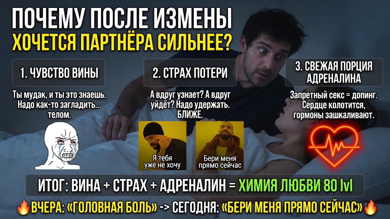"Почему после измены хочется партнёра сильнее?". Классика жанра: как чувство вины, страх потери и свежая порция адреналина превращают «я тебя уже не хочу» в «бери меня прямо сейчас