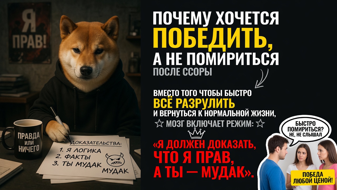 «Почему хочется победить, а не помириться после ссоры». Классика: вместо того чтобы быстро всё разрулить и вернуться к нормальной жизни, мозг включает режим «я должен доказать, что я прав, а ты — мудак»