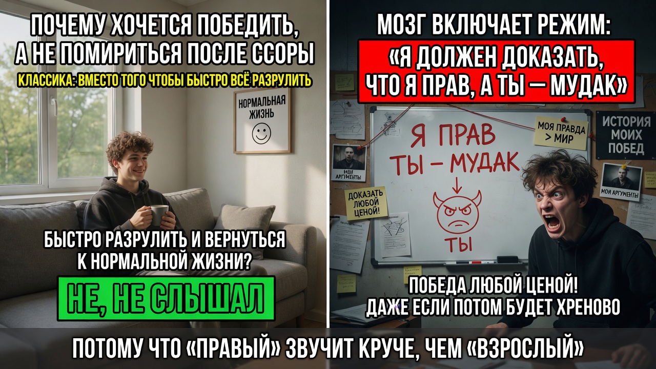 «Почему хочется победить, а не помириться после ссоры». Классика: вместо того чтобы быстро всё разрулить и вернуться к нормальной жизни, мозг включает режим «я должен доказать, что я прав, а ты — мудак»