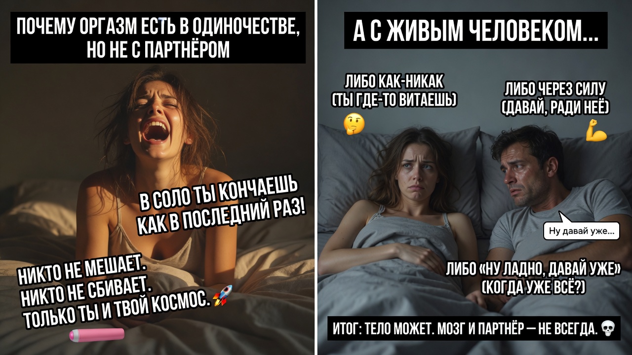«Почему оргазм есть в одиночестве, но не с партнёром». Классика: в соло ты кончаешь как в последний раз, а с живым человеком — либо никак, либо через силу, либо «ну ладно, давай уже».