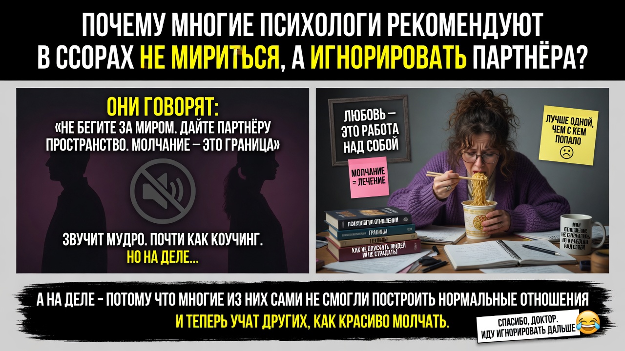 «Почему многие психологи рекомендуют в ссорах не мириться, а игнорировать партнёра». А на деле — потому что многие из них сами не смогли построить нормальные отношения и теперь учат других, как красиво молчать.