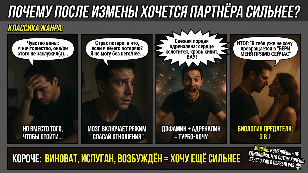 "Почему после измены хочется партнёра сильнее?". Классика жанра: как чувство вины, страх потери и свежая порция адреналина превращают «я тебя уже не хочу» в «бери меня прямо сейчас