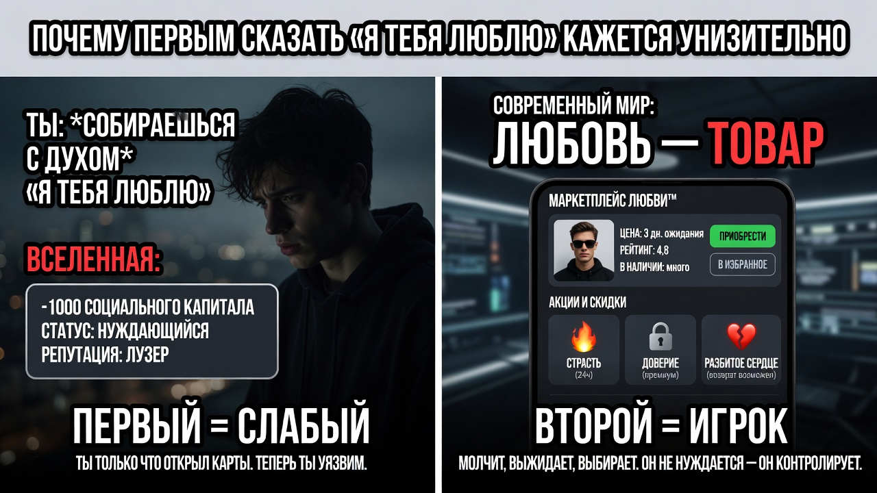 «Почему первым сказать „Я тебя люблю“ кажется унизительно». Потому что в современном мире любовь превратилась в товар, а тот, кто проявляет её первым, автоматически становится «нуждающимся» и проигравшим в этой еПаной игре.