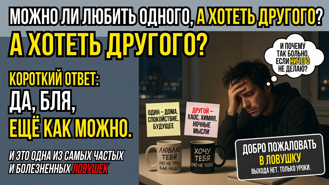«Можно ли любить одного, а хотеть другого». Короткий ответ: да, бля, ещё как можно. И это одна из самых частых и болезненных ловушек в человеческих отношениях