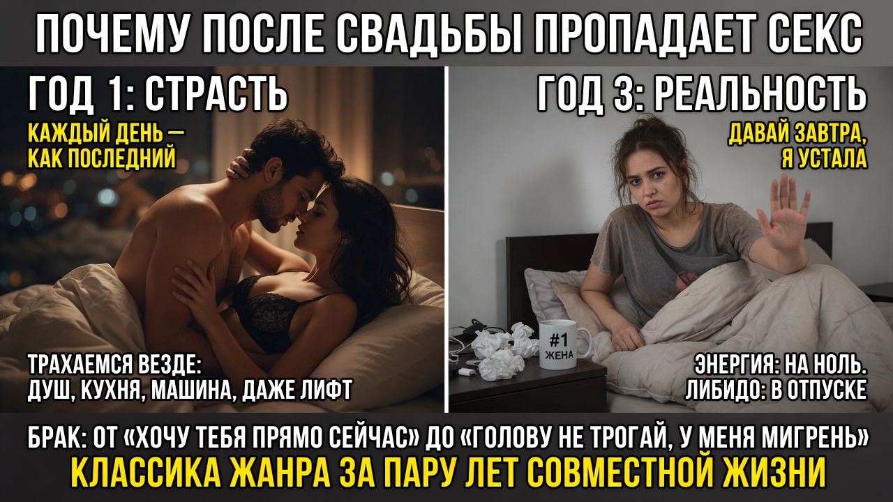 «Почему после свадьбы пропадает секс». Классика жанра: от страстных трахов до «давай завтра, я устала» за пару лет совместной жизни.