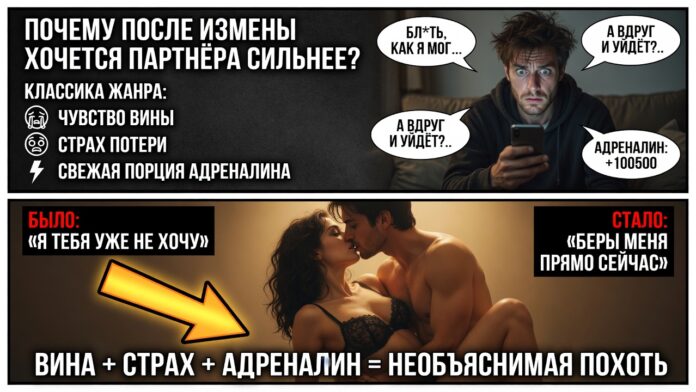 «Почему после измены хочется партнёра сильнее?». Классика жанра: как чувство вины, страх потери и свежая порция адреналина превращают «я тебя уже не хочу» в «бери меня прямо сейчас "Почему после измены хочется партнёра сильнее?". Классика жанра: как чувство вины, страх потери и свежая порция адреналина превращают «я тебя уже не хочу» в «бери меня прямо сейчас