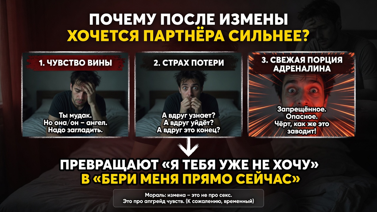 "Почему после измены хочется партнёра сильнее?". Классика жанра: как чувство вины, страх потери и свежая порция адреналина превращают «я тебя уже не хочу» в «бери меня прямо сейчас