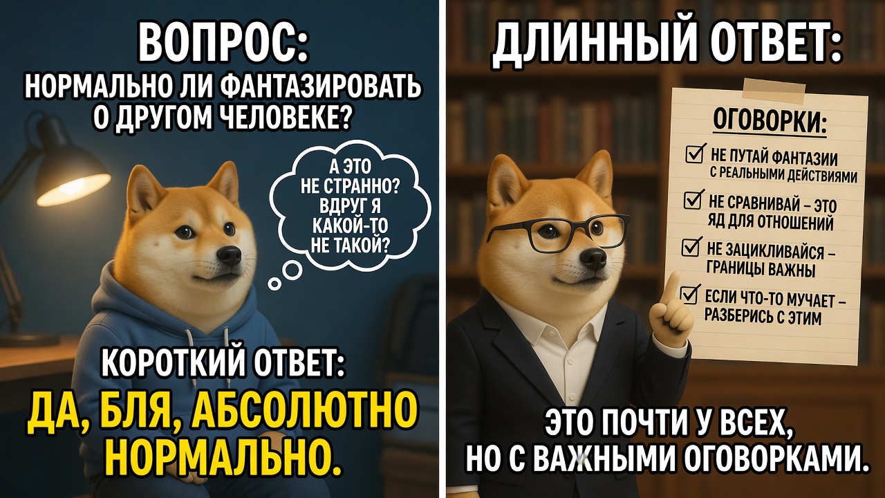 «Нормально ли фантазировать о другом человеке». Короткий ответ: да, бля, абсолютно нормально. Длинный ответ: это почти у всех, но с важными оговорками.