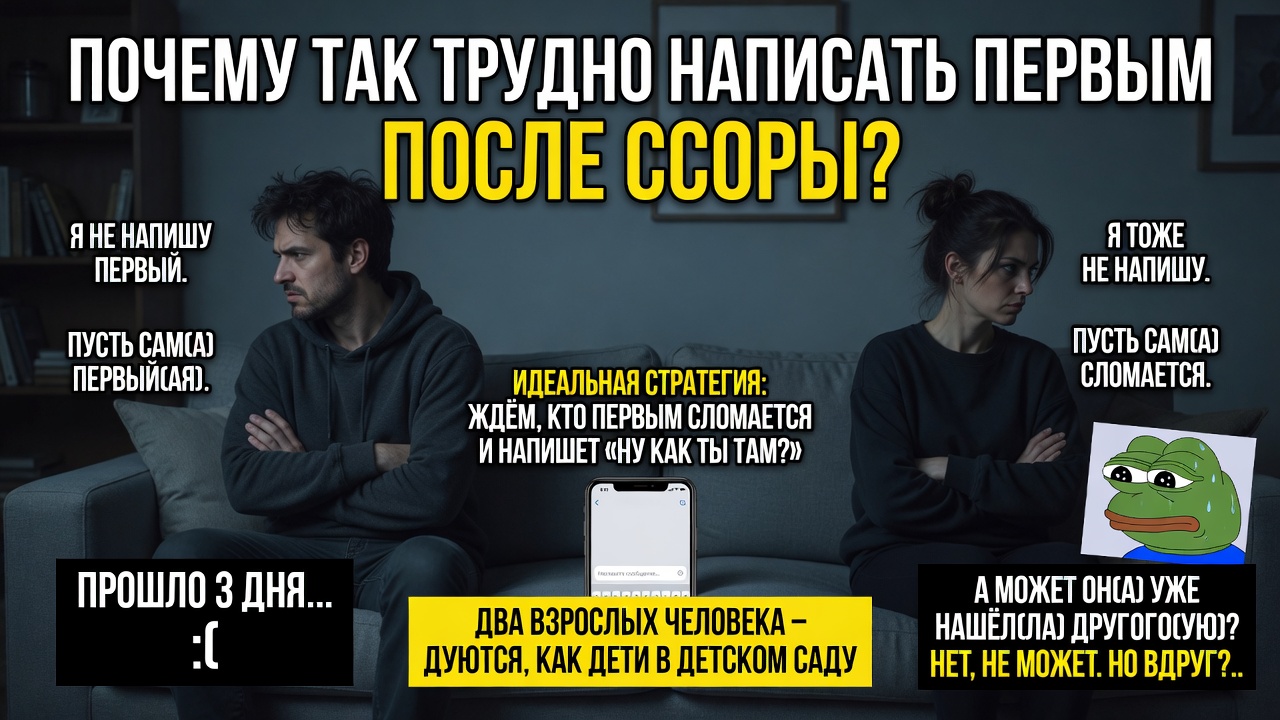 «Почему так трудно написать первым после ссоры». Классика токсичных и не очень отношений: два взрослых человека дуются, как дети, и ждут, кто первым сломается и напишет «ну как ты там?»