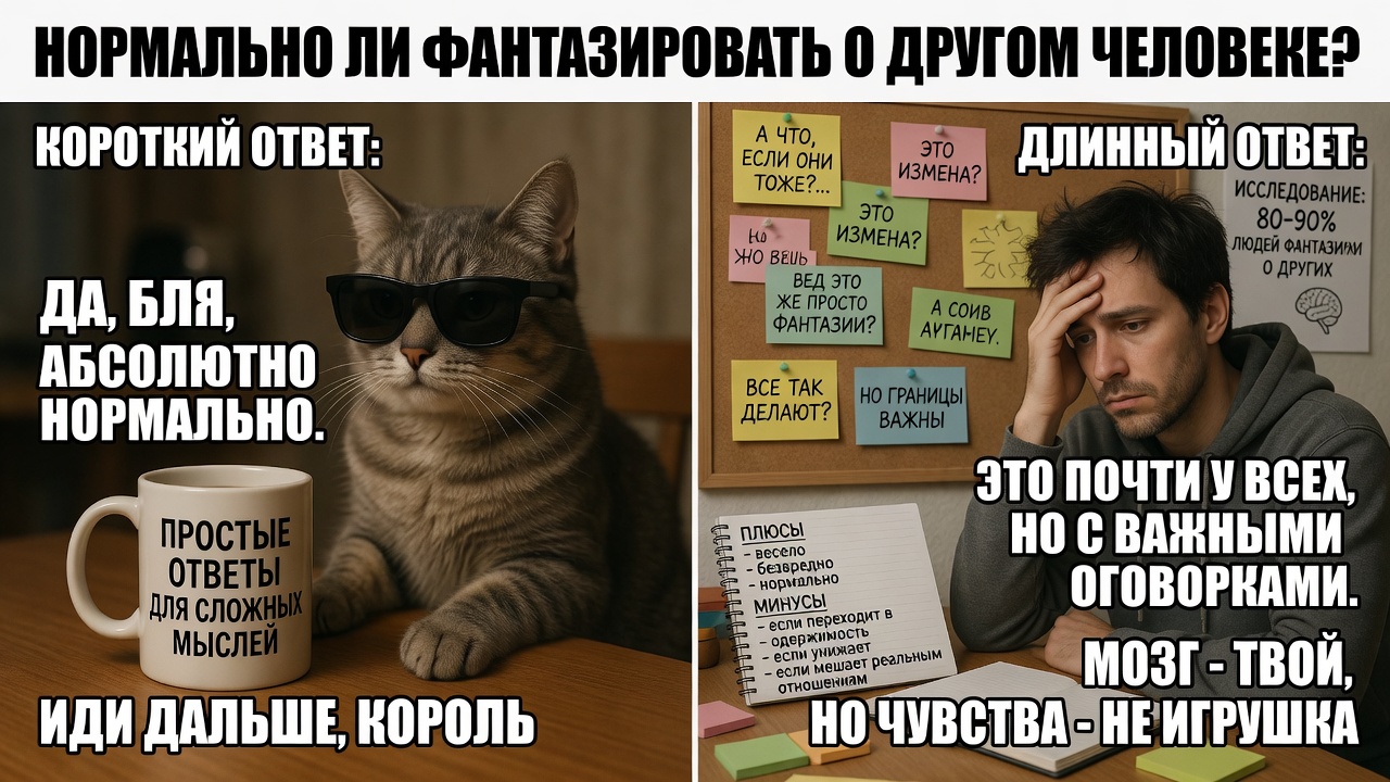 «Нормально ли фантазировать о другом человеке». Короткий ответ: да, бля, абсолютно нормально. Длинный ответ: это почти у всех, но с важными оговорками.
