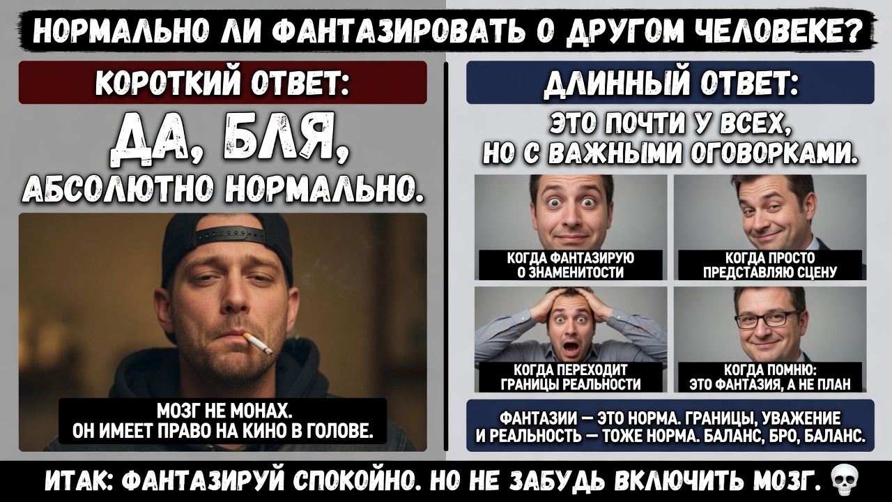 «Нормально ли фантазировать о другом человеке». Короткий ответ: да, бля, абсолютно нормально. Длинный ответ: это почти у всех, но с важными оговорками.