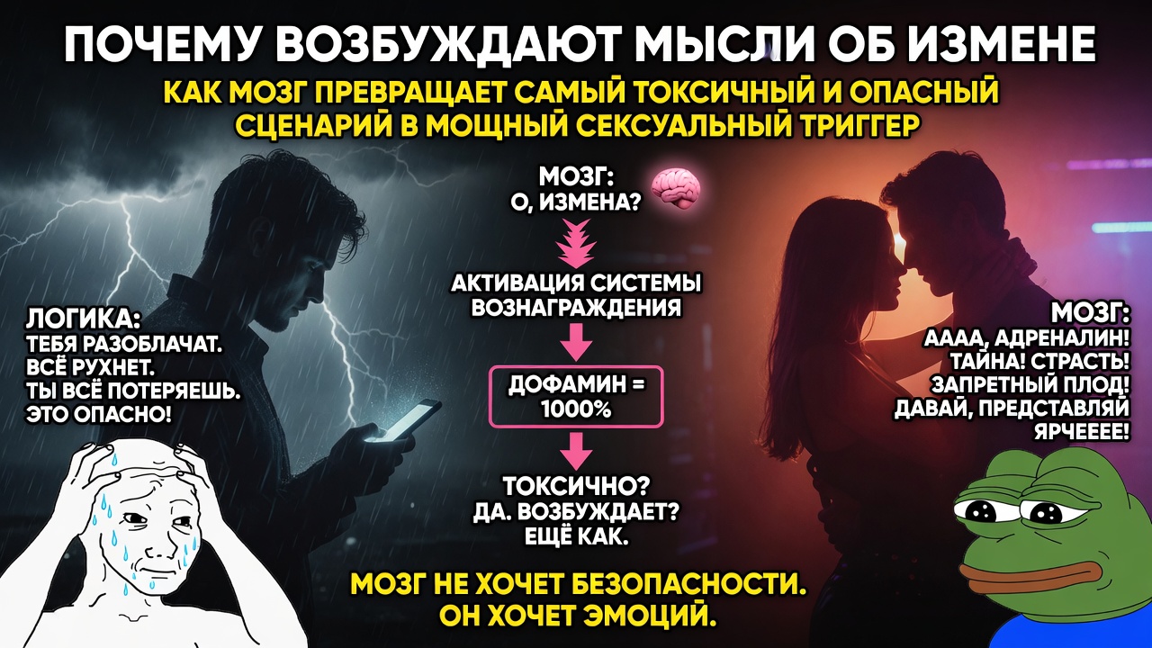 «Почему возбуждают мысли об измене». Как мозг превращает самый токсичный и опасный сценарий в мощный сексуальный триггер
