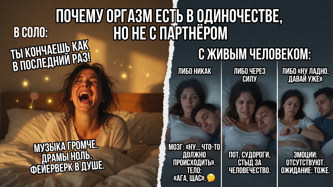 «Почему оргазм есть в одиночестве, но не с партнёром». Классика: в соло ты кончаешь как в последний раз, а с живым человеком — либо никак, либо через силу, либо «ну ладно, давай уже».