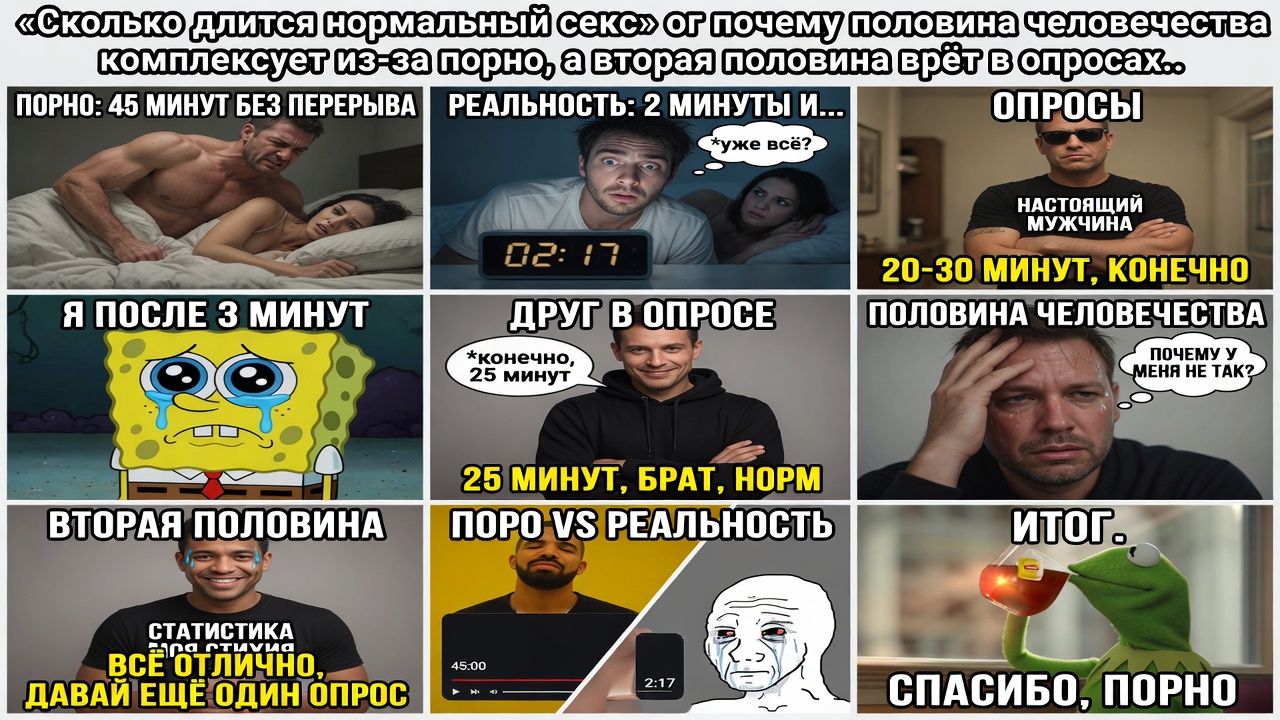 «Сколько длится нормальный секс». Или почему половина человечества комплексует из-за порно, а вторая половина врёт в опросах.