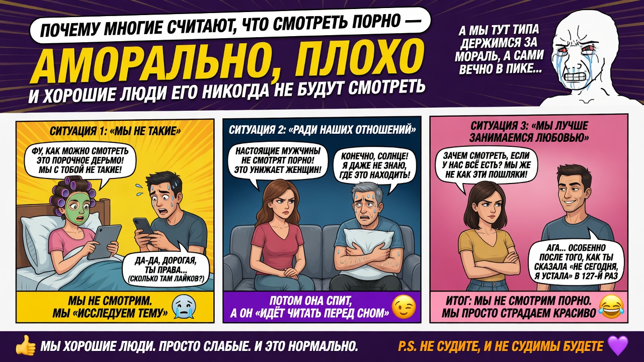 Почему многие считают, что смотреть порно — это аморально, плохо, и хорошие люди его никогда не смотрят