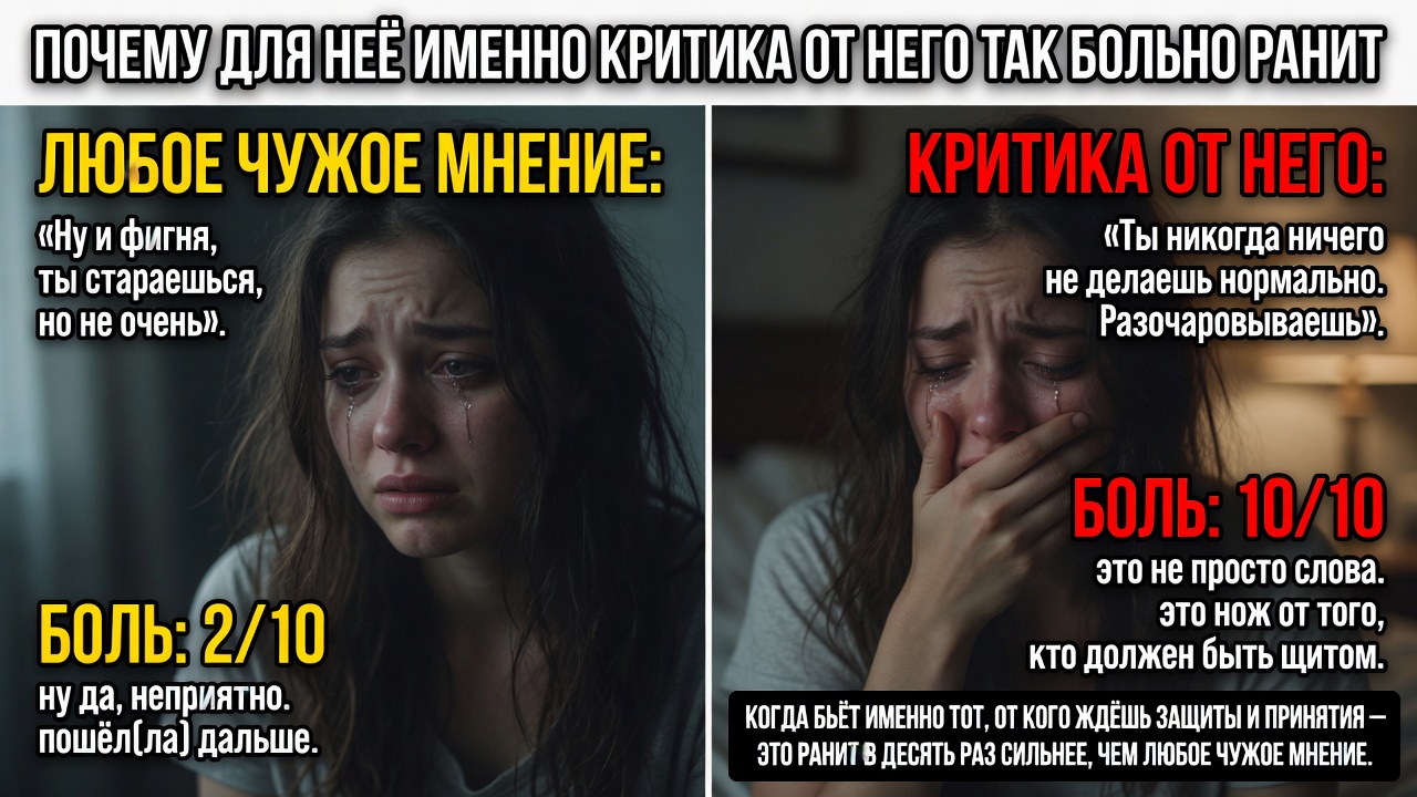 «Почему для неё именно критика от него так больно ранит». Потому что когда бьёт именно тот, от кого ждёшь защиты и принятия, это ранит в десять раз сильнее, чем любое чужое мнение.