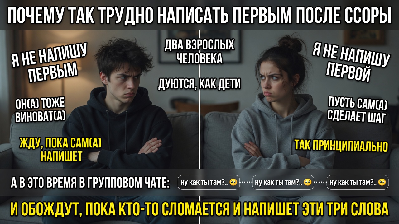 «Почему так трудно написать первым после ссоры». Классика токсичных и не очень отношений: два взрослых человека дуются, как дети, и ждут, кто первым сломается и напишет «ну как ты там?»
