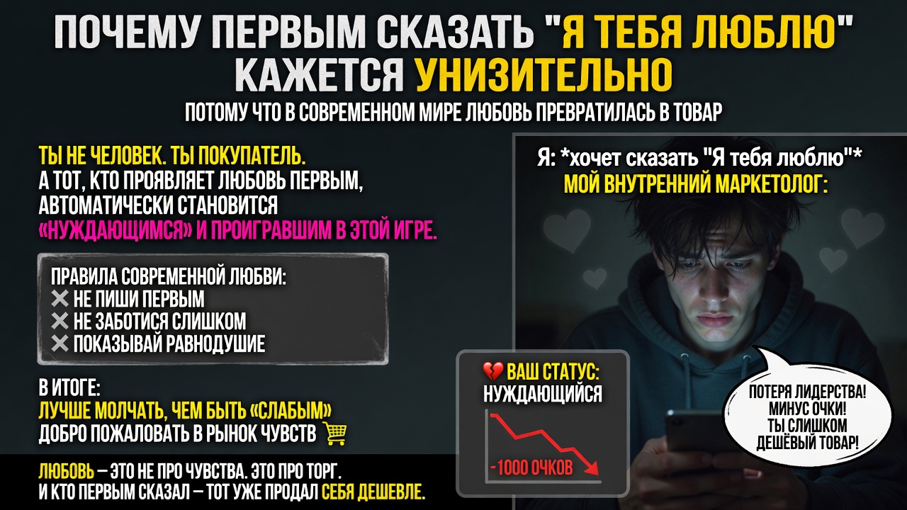«Почему первым сказать „Я тебя люблю“ кажется унизительно». Потому что в современном мире любовь превратилась в товар, а тот, кто проявляет её первым, автоматически становится «нуждающимся» и проигравшим в этой еПаной игре.