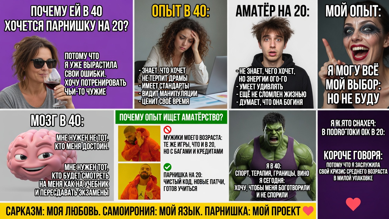 Почему ей в 40 хочется парнишку на 20. Почему опыт вдруг начинает искать аматорство?