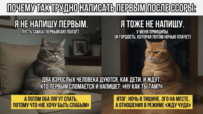 «Почему так трудно написать первым после ссоры». Классика токсичных и не очень отношений: два взрослых человека дуются, как дети, и ждут, кто первым сломается и напишет «ну как ты там?»
