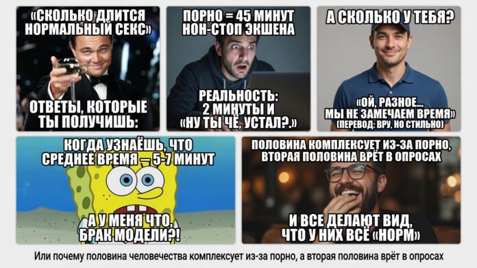«Сколько длится нормальный секс». Или почему половина человечества комплексует из-за порно, а вторая половина врёт в опросах. «Сколько длится нормальный секс». Или почему половина человечества комплексует из-за порно, а вторая половина врёт в опросах.