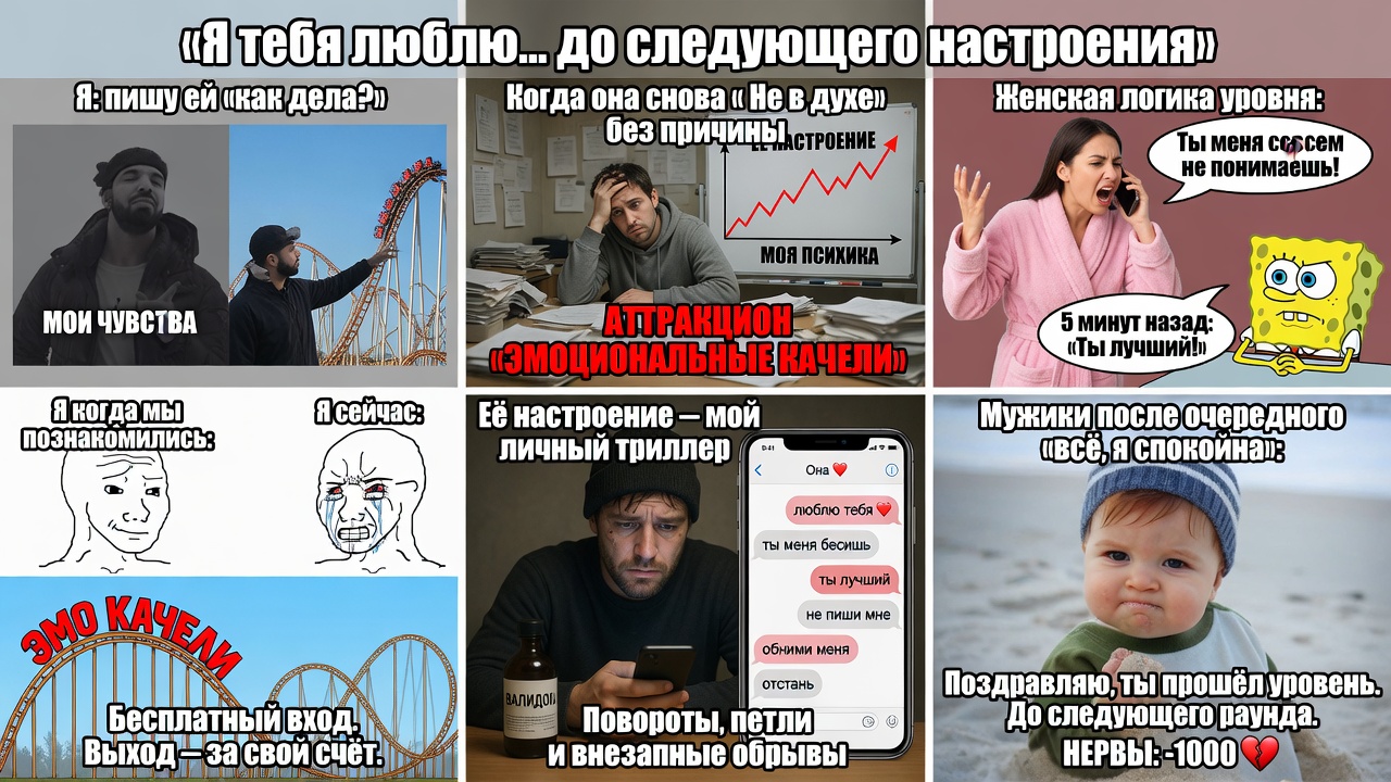 «Я тебя люблю… до следующего настроения». Как женские эмоциональные качели превращают мужиков в бесплатный аттракцион с разъёПанной психикой.