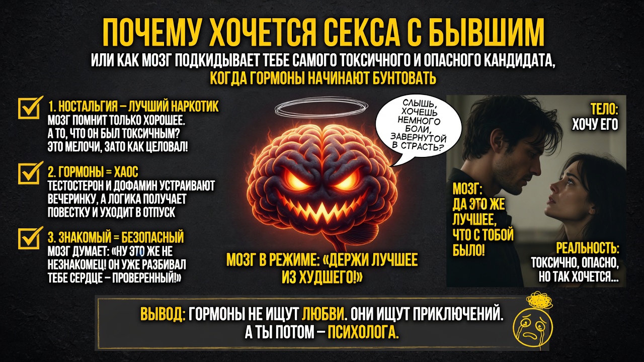 «Почему хочется секса с бывшим». Или как мозг подкидывает тебе самого токсичного и опасного кандидата, когда гормоны начинают бунтовать.