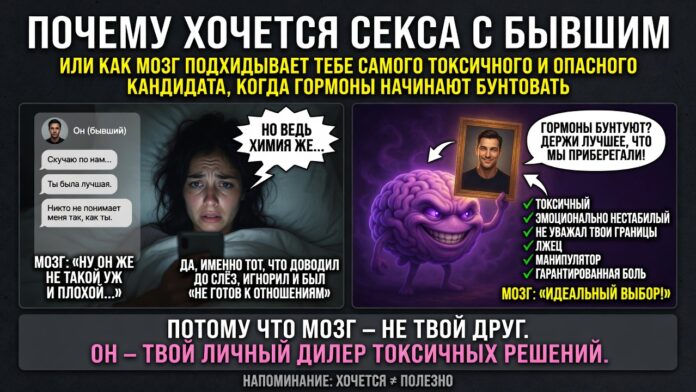«Почему хочется секса с бывшим». Или как мозг подкидывает тебе самого токсичного и опасного кандидата, когда гормоны начинают бунтовать.