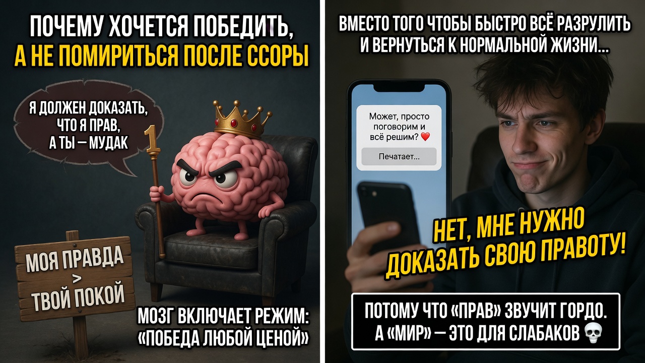 «Почему хочется победить, а не помириться после ссоры». Классика: вместо того чтобы быстро всё разрулить и вернуться к нормальной жизни, мозг включает режим «я должен доказать, что я прав, а ты — мудак»