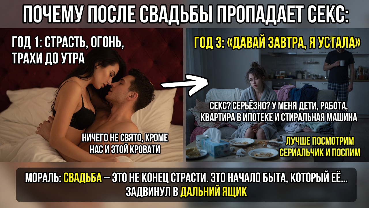 «Почему после свадьбы пропадает секс». Классика жанра: от страстных трахов до «давай завтра, я устала» за пару лет совместной жизни.