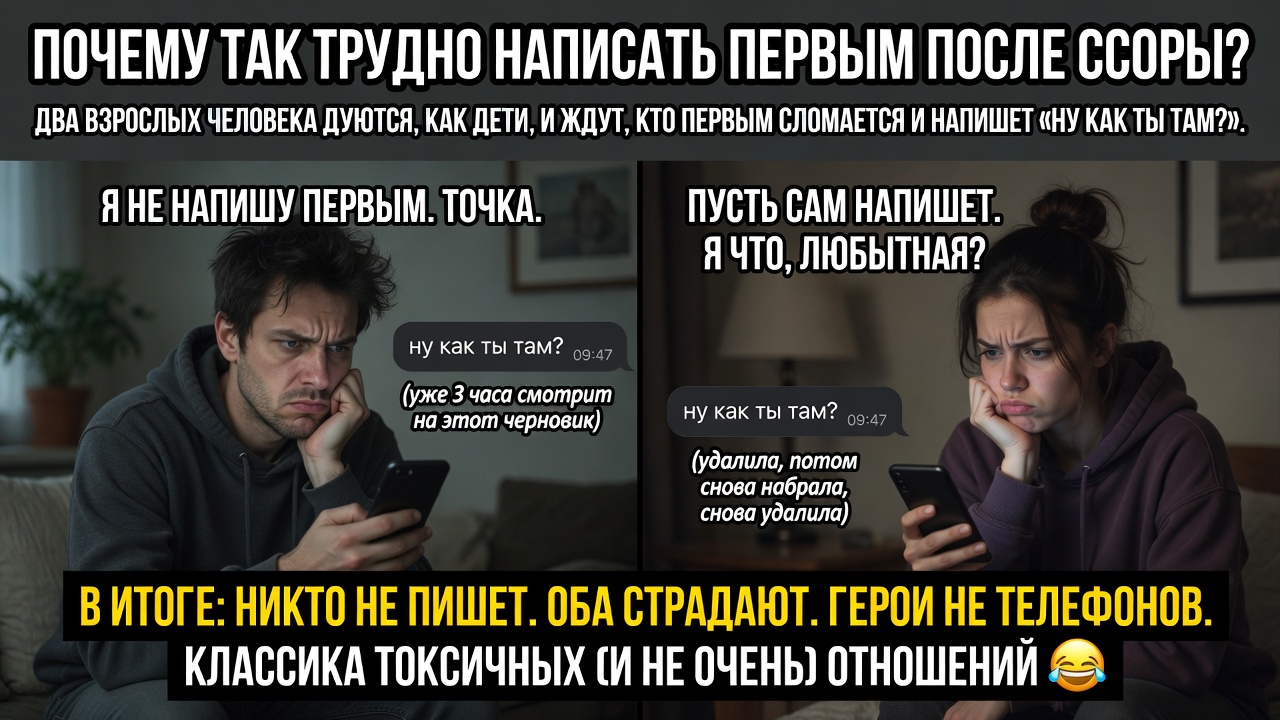 «Почему так трудно написать первым после ссоры». Классика токсичных и не очень отношений: два взрослых человека дуются, как дети, и ждут, кто первым сломается и напишет «ну как ты там?»