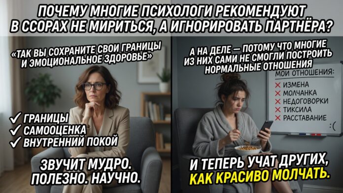 «Почему многие психологи рекомендуют в ссорах не мириться, а игнорировать партнёра». А на деле — потому что многие из них сами не смогли построить нормальные отношения и теперь учат других, как красиво молчать. «Почему многие психологи рекомендуют в ссорах не мириться, а игнорировать партнёра». А на деле — потому что многие из них сами не смогли построить нормальные отношения и теперь учат других, как красиво молчать.