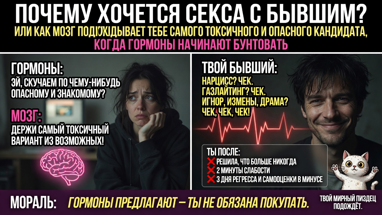 «Почему хочется секса с бывшим». Или как мозг подкидывает тебе самого токсичного и опасного кандидата, когда гормоны начинают бунтовать.