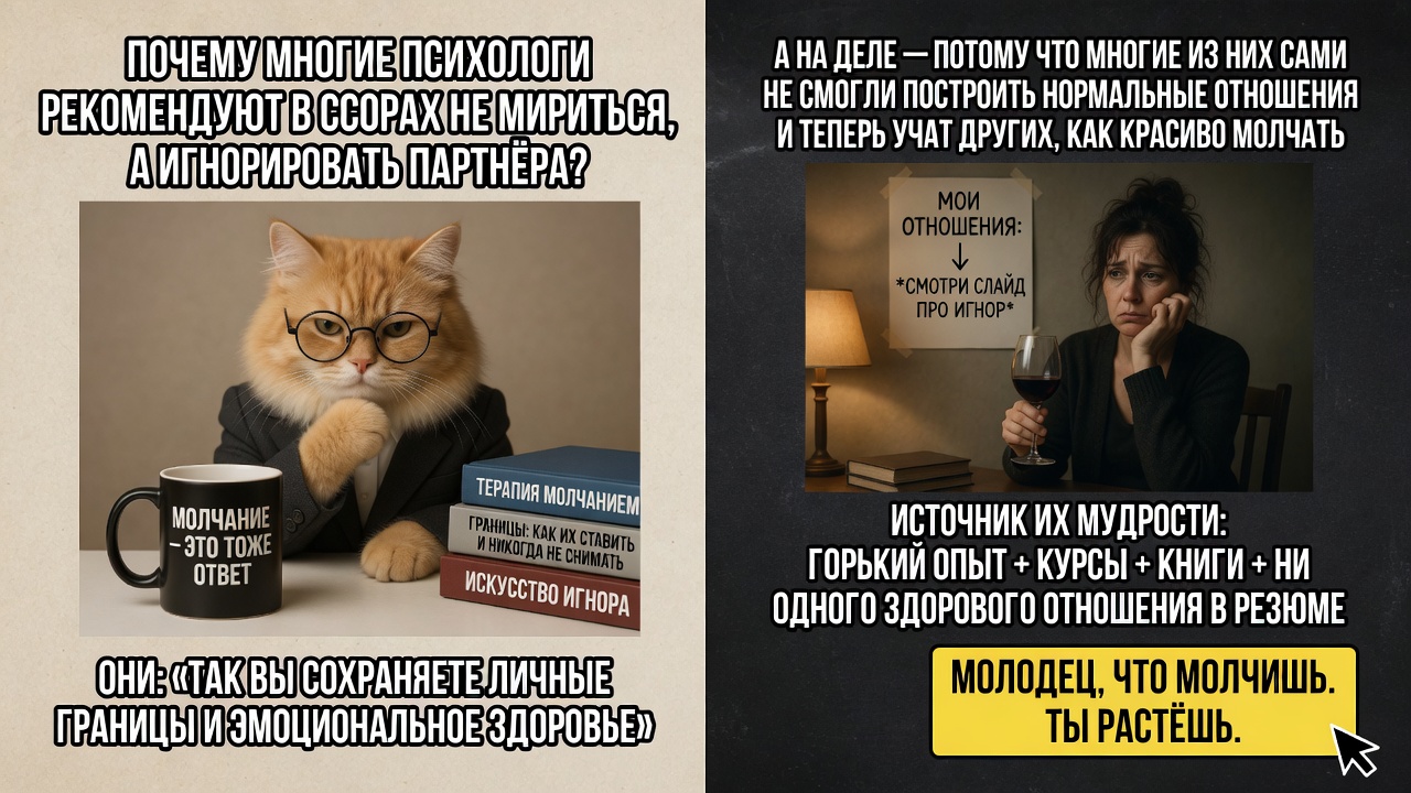«Почему многие психологи рекомендуют в ссорах не мириться, а игнорировать партнёра». А на деле — потому что многие из них сами не смогли построить нормальные отношения и теперь учат других, как красиво молчать.