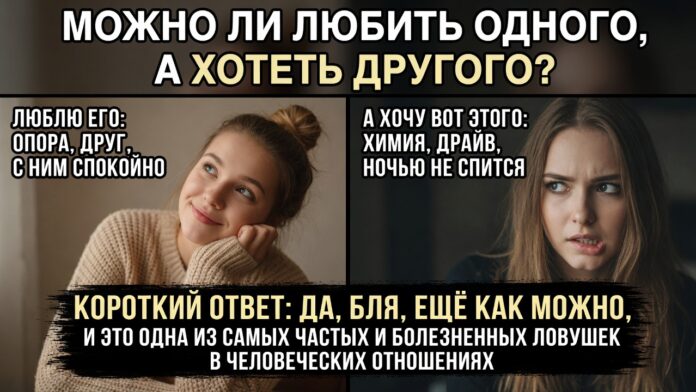 «Можно ли любить одного, а хотеть другого». Короткий ответ: да, бля, ещё как можно. И это одна из самых частых и болезненных ловушек в человеческих отношениях