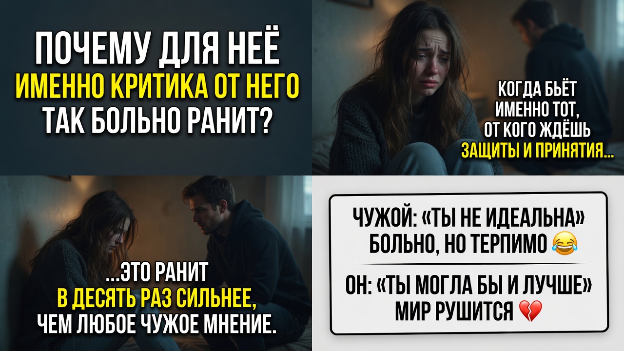 «Почему для неё именно критика от него так больно ранит». Потому что когда бьёт именно тот, от кого ждёшь защиты и принятия, это ранит в десять раз сильнее, чем любое чужое мнение.