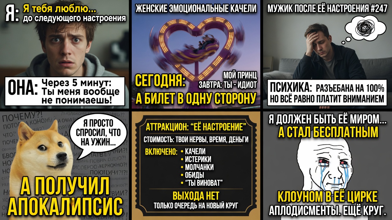«Я тебя люблю… до следующего настроения». Как женские эмоциональные качели превращают мужиков в бесплатный аттракцион с разъёПанной психикой.